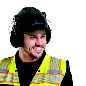 Image of a man ear muffs and hard hat.