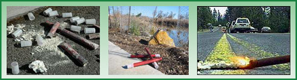 Images of traditional road flares residue left behind.